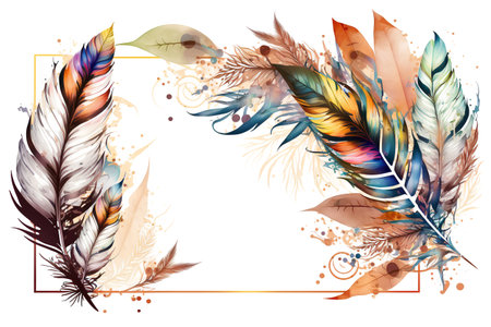 Watercolor feathers frame on white background. Vector illustration for your designの素材