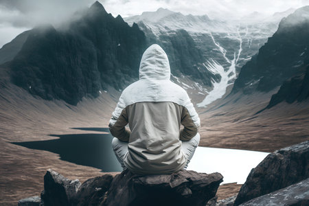 Man sitting on the edge of a cliff and looking at the mountains.の素材