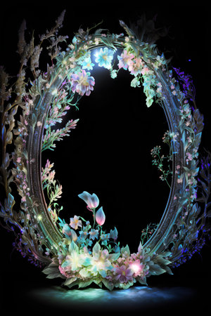 Round frame with flowers on a black background. Watercolor painting.の素材