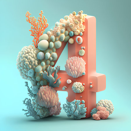 Number 4 made of coral and seaweed on blue background. 3D illustrationの素材