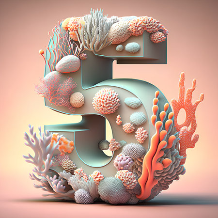 Number 5 made of coral and seaweed. 3D illustration.の素材