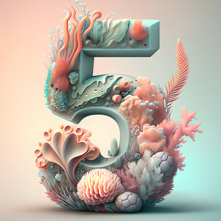 Number 5 with coral and seaweed. 3D render. Vintage style.の素材