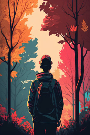 Autumn forest with a man in a helmet. Vector illustration.の素材