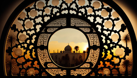 Illustration of a window with a view of the Taj Mahal in Agra, Indiaの素材