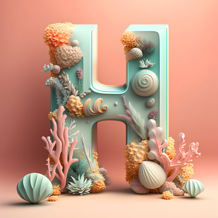 Alphabet letter H decorated with coral and seaweed. 3D renderingの素材