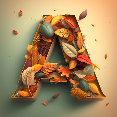 Letter A made of autumn leaves. 3d vector font with fall leaves.の素材