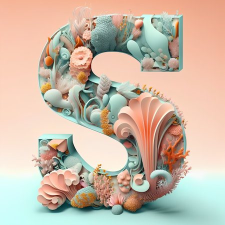 Letter S made of coral and seaweed. 3D render.の素材