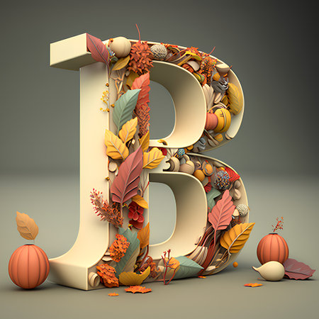 Letter B made of autumn leaves and pumpkins, 3d renderの素材