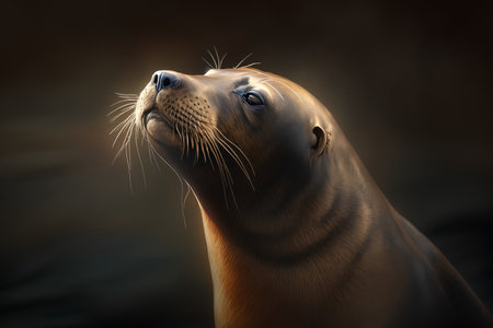 Sea lion close up on dark background. 3d render illustration.の素材