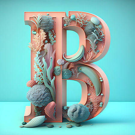Alphabet letter B with coral and seaweed. 3D Renderの素材
