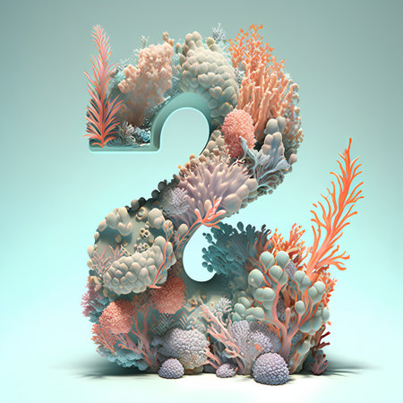 3D render of number two with coral and seaweed on blue backgroundの素材