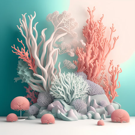 3d render of coral reef with algae in blue and pink backgroundの素材