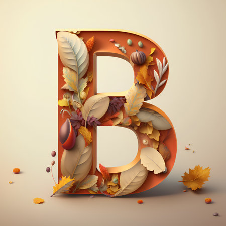 Letter B made of autumn leaves and acorns, 3d renderの素材