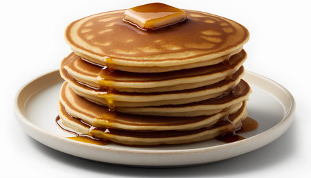 Stack of pancakes with maple syrup isolated on white background, closeupの素材