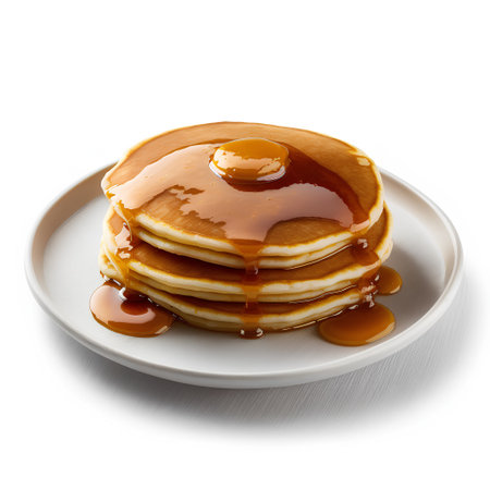 Pancakes with maple syrup on a plate isolated on white backgroundの素材