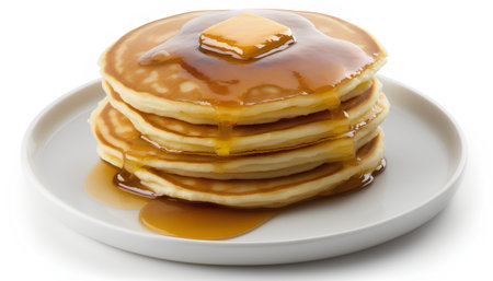 Stack of pancakes with maple syrup isolated on white background, top viewの素材