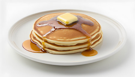Pancakes with butter and maple syrup isolated on white background.の素材