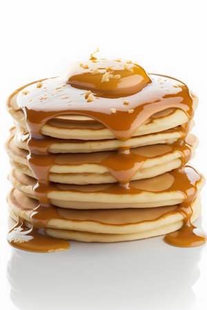 Stack of pancakes with caramel syrup isolated on white background. 3d illustrationの素材
