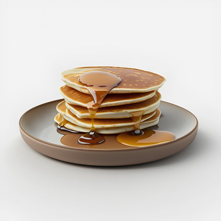 Pancakes with maple syrup on a plate isolated on white backgroundの素材