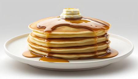 Stack of pancakes with butter and maple syrup isolated on white background.の素材