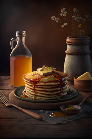 Pancakes with honey and butter on a wooden background. 3d renderingの素材