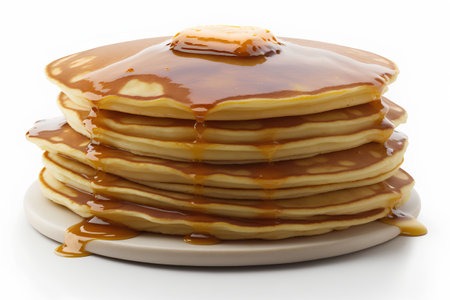Stack of pancakes with caramel syrup isolated on white background. Top view.の素材