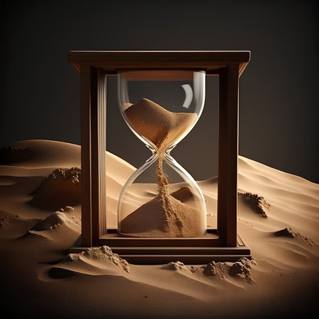 Hourglass in sand desert. Time passing concept. 3D renderingの素材