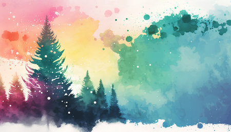 Abstract watercolor background with pine trees. Hand drawn vector illustration.の素材