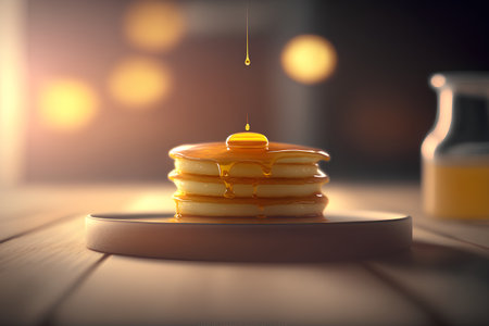 Stack of pancakes with honey on wooden table. 3d rendering.の素材