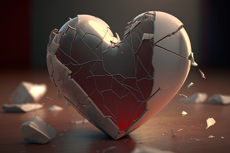 Broken heart on a wooden background. 3d render illustration.の素材