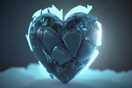 3d rendering, computer generated abstract background, metal heart with blue tintの素材
