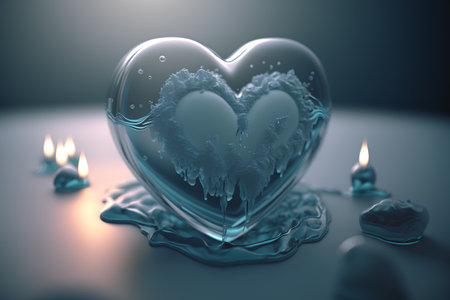 3d rendering of crystal heart with water droplets and burning candlesの素材