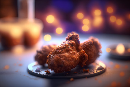 Fried chicken nuggets on a black plate with candles in the backgroundの素材