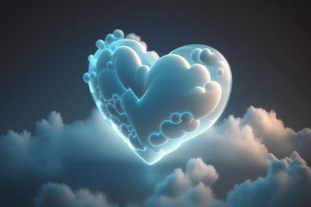 Blue heart with clouds on dark background. 3d illustration. Love conceptの素材