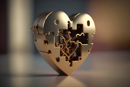 Golden heart with puzzle pieces. 3d render illustration. Love conceptの素材