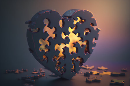 3d rendering of puzzle heart shape with missing piece on dark backgroundの素材
