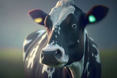 Cow portrait on a green meadow. 3d render illustration.の素材