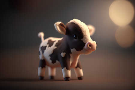 Cute toy cow on a dark background. 3d illustration.の素材