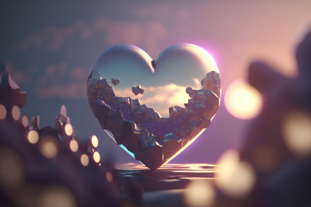 3d rendering of crystal heart in the sea with sunset background.の素材