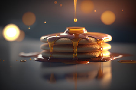 Pouring caramel syrup on a stack of pancakes. 3d renderingの素材