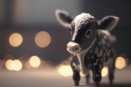 Cute toy cow on a bokeh background with copy spaceの素材