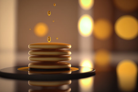Pancakes falling on the table. 3D render. Blurred background.の素材