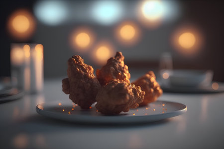 Fried chicken nuggets on a white plate with candles in the backgroundの素材