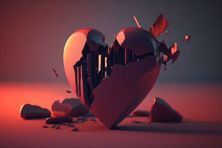 Broken heart on a red background. 3d rendering, 3d illustration.の素材