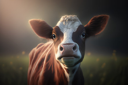 Cute cow on the meadow at sunset. 3d renderingの素材