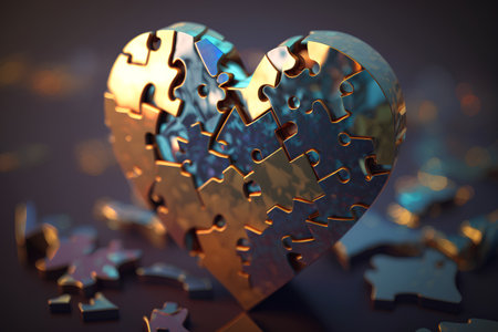 3d rendering of a puzzle heart with gold, blue and orange piecesの素材