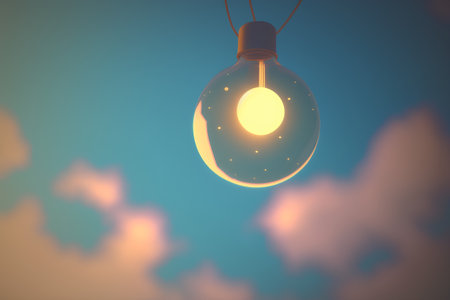 Light bulb hanging on a blue sky background. 3D Renderingの素材