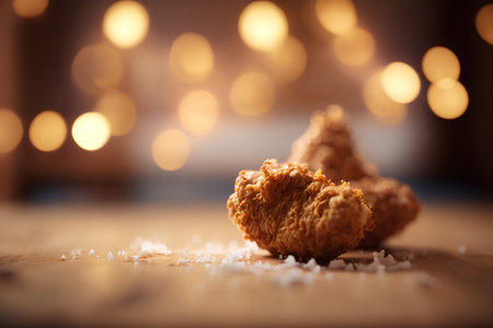 Fried chicken nuggets on a wooden table with bokeh background.の素材