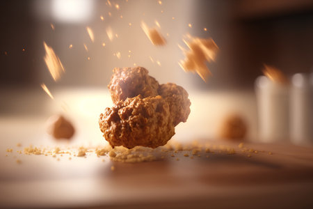 Close up of delicious oatmeal cookies falling on table with blurred backgroundの素材