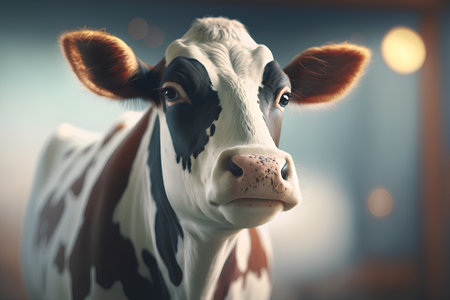 Cute cow portrait on blurred background with bokeh effect.の素材